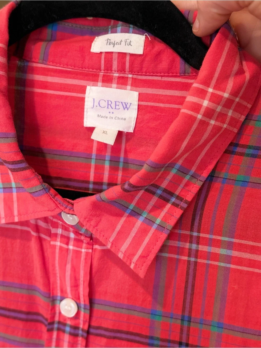 J. Crew Women’s Perfect Fit Red and Blue Plaid Button-Down Shirt Size XL